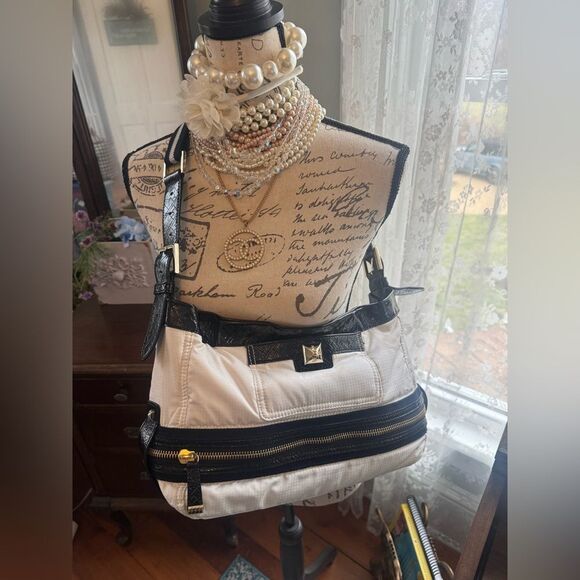 L.A.M.B. Gwen Stefani Stylish Black and White Nylon and Patent Shoulder Bag - Picture 7 of 15